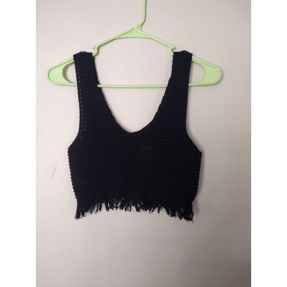 Forever 21 Black Crochet Crop Top Fringe V Neck‎ Women's Size XS